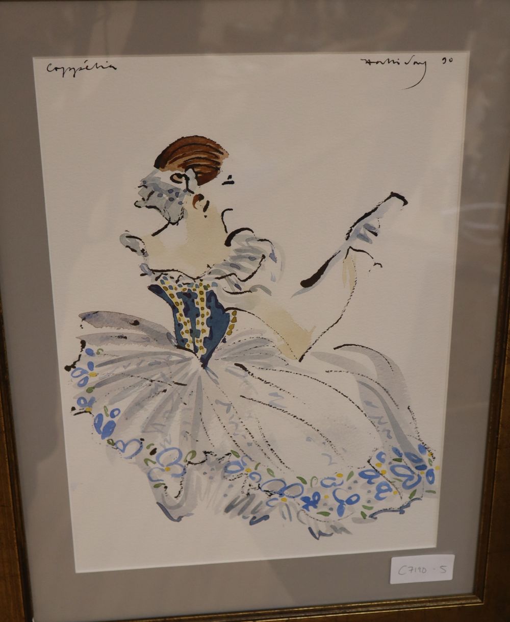 Alan Halliday (b.1952), watercolour and ink, Costume design for Coppelia, English National Ballet, signed and dated 90, 38 x 28cm